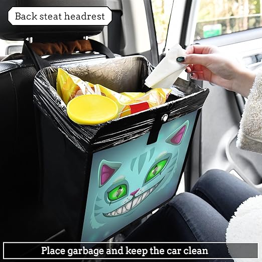 Cheshire Cat Green Eye Car Trash Can Foldable Hanging Car Trash Bag BinFantasy Scary Laugh Cat Auto Garbage Can Leak-Proof Car Organizer(Large)