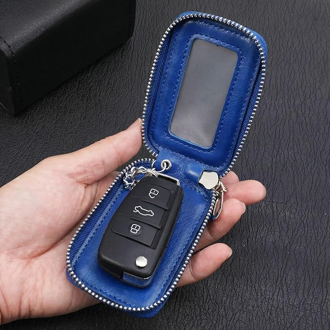 Premium Car Key Fob Case Leather Car Smart Key Fob Holder Keys Fobs Protector Universal CarKeys Holder (Blue)
