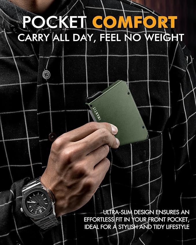 iwantit Pop Up Wallet for Men, Slim Minimalist Credit Card Holder with Money Clip - Man Metal Aluminum Wallet RFID Blocking, Smart Tactical Wallet for Men, Gift for Men (Green)