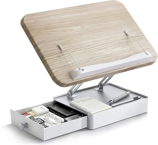 Book Stand with Storage Drawer, Heavy-Duty Adjustable Wooden Reading Stand for Desk, Ergonomic Height & Angle Book Holder for Textbooks, Cookbooks (White Ash Finish, 10.5" x 15.5" XL Panel)