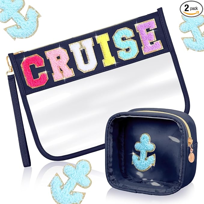 Hillban 2 Pcs Cruise Gifts Chenille Letter Bags Nautical Anchor Makeup Cosmetic Bags Sunscreen Clear Toiletry Travel Pouch Waterproof Purse Sailboat Cruise Survival Kit Portable Storage Organizer