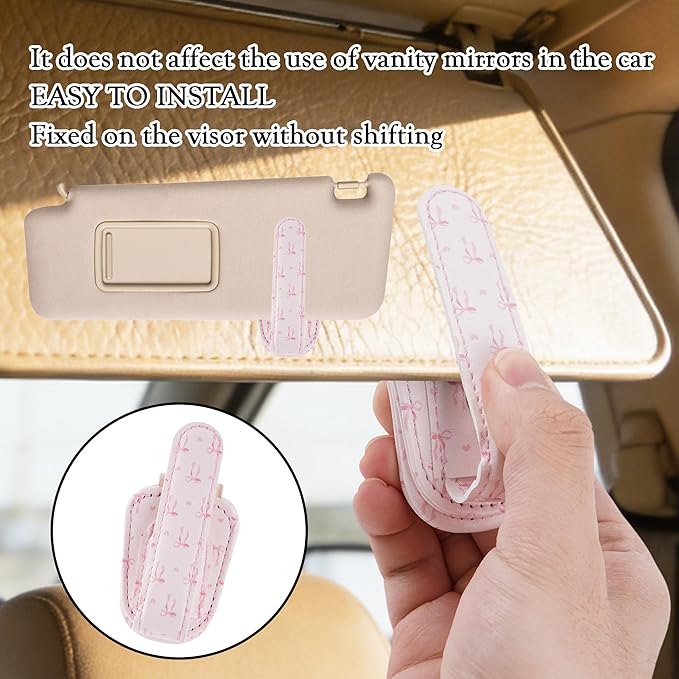 HemerVows Sunglass Holder for Car, Sweet Pink Bow Hearts Print Magnetic Leather Visor Sunglasses Holder Clip, Universal Sun Visor Accessory Eyeglass Clip for SUV Pickup Truck