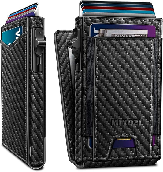 miyozi Wallet for Men, Slim Pop Up Card Holder - RFID Blocking Minimalist Bifold Wallet with ID Window, Holds 9-11 Cards & Stretchable Strap, Metal Flip Case with Magnetic Closure, Gift Box