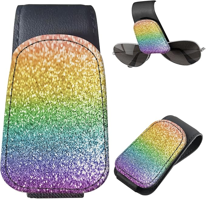 Sunglasses Holder for Car Visor, PU Leather Glasses Clip Organizer, Cute Magnetic Eyeglass Holder for Vehicle Sun Visor, Car Interior Accessory for Women & Men Rainbow Gold Glitter