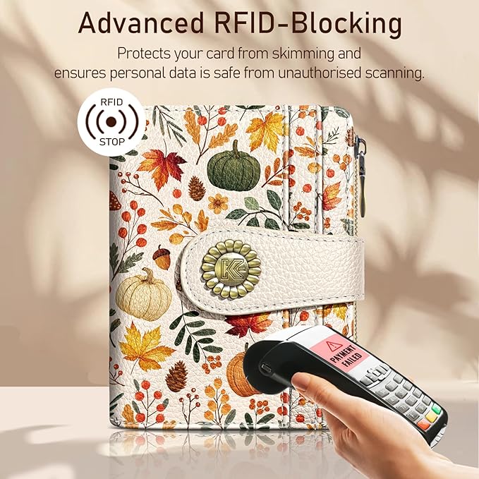 Kelvoris Pumpkin Fall Leaves Mushroom Halloween Small Rfid Women Travel Wallet Bifold Zipper Coin Pocket PU Leather Compact Cash Credit Card Holder Female Ladies Teen Girls 1 ID Window 10 Card Slots