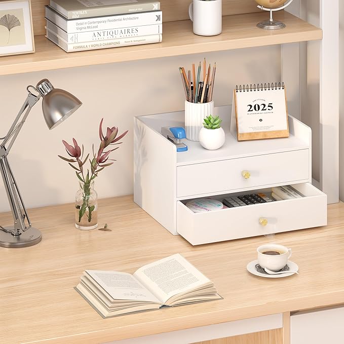 Bamboo Desk Organizer - Stackable, No Assembly Required, Ideal for Office/Home Use - Perfect for Toiletries, Stationery, Accessories. (White, Two level drawer box with sides)