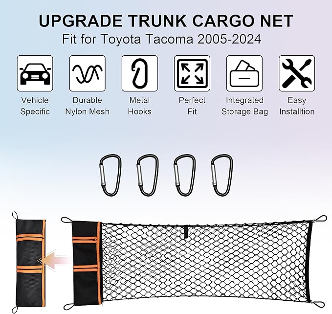Envelope Style Truck Cargo Net Compatible with Toyota Tacoma 2005-2024, Highly Elastic Truck Bed Net for Tacoma Accessories, Upgraded Storage Bag & 4.5mm Bungee
