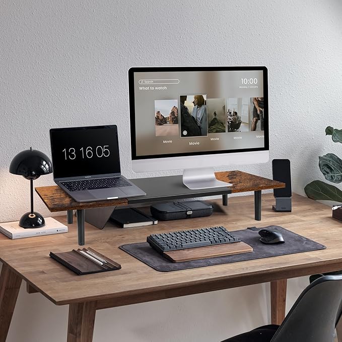 Dual-Monitor-Stand-Riser-For-Desk Adjustable Length 32-40 Inch，Large Desktop Computer Monitor Riser For 2 Screens，Desk Shelf Organizer Riser Stand For Computer/Laptop/PC/Printer/TV Black
