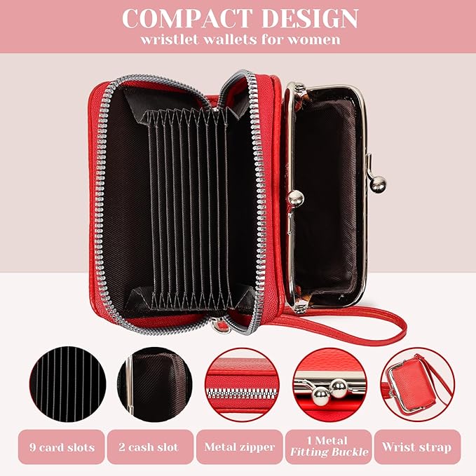 Women's RFID Blocking Wristlet Wallet - 2-in-1 Zip-Around with Coin Purse & Card Slots - Vegan Leather with Secure Clasp (Gift Ready)(Red)