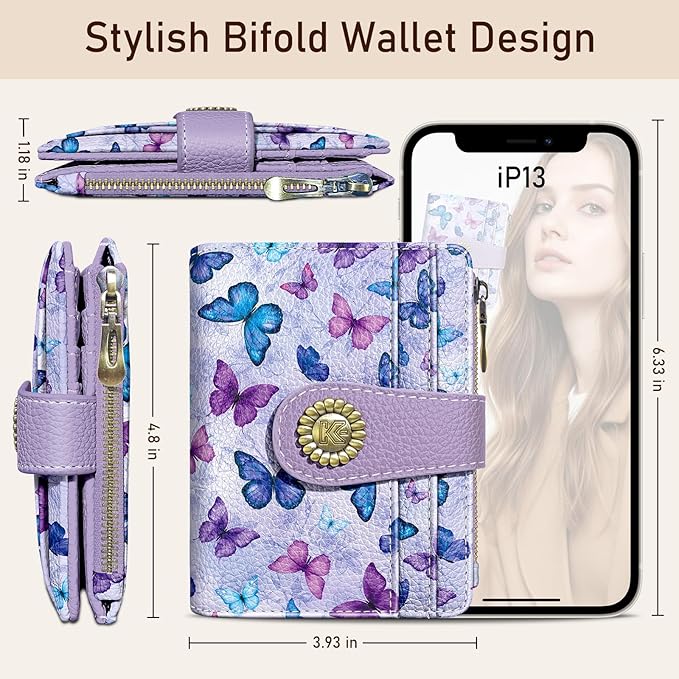 Kelvoris Small Rfid Butterfly Women Wallet Bifold Zipper Coin Pocket PU Leather Compact Cash Credit Card Holder Travel Wallet for Female Ladies Teen Girls 1 ID Window 10 Card Slots