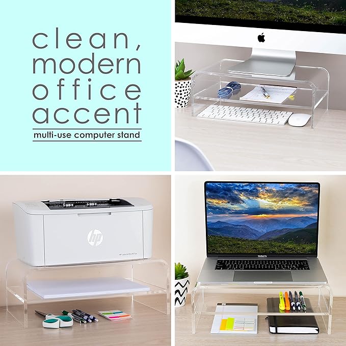 Homeries Computer Monitor Stand 2-Tier Acrylic, Universal Computer Riser for Home, Office, Business, Desk, Gamers | Multi Media Platform Lift for Laptop, Printer, TV Screen, PC |Extra Storage Space