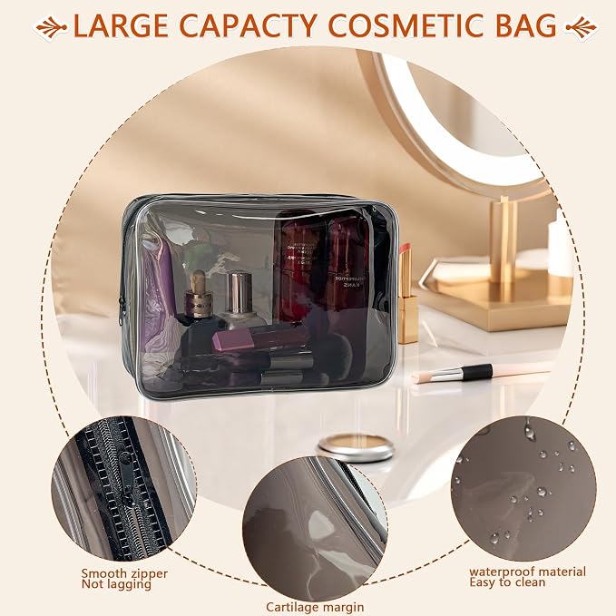 Waterproof PVC Makeup Bag - Leakproof Cosmetic Organizer for Travel Toiletry Storage 9.84×7.09×2.36 Inch for Women & Men (Black)