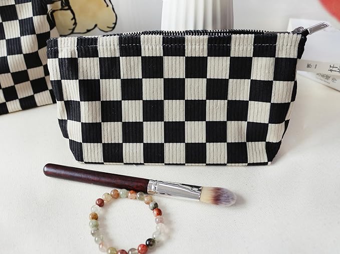 HAPPYHEIDI Checkered Corduroy Makeup Bag Set 3 Women Cosmetic Toiletry Travel Pouch Purse Accessory Organizer, 3-Size, Vintage Black White