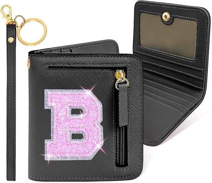COSHAYSOO Initial RFID Wallet Small Personalized Mothers Nurse Teacher Coach Appreciation Day Gifts Christmas Halloween Presents Bifold Compact Change Purse with Letter Zipper Card Slot Black B