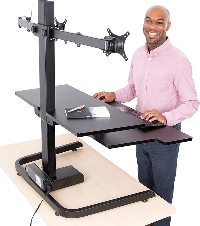 Stand Steady Techtonic Electric Standing Desk Converter wIth Triple Monitor Mount, 3 Screen Support, Quiet Sit-Stand Desk with Button Control, Keyboard Tray, Ideal for Gaming & Computer Work (Black)
