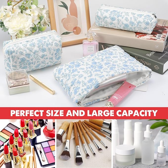 3 Pcs Makeup Bag Cosmetic Bag Set for Girls Women Checkered Travel Organizer Bathroom Toiletry Pouch Large Capacity Storage Bag(Blue Flower)