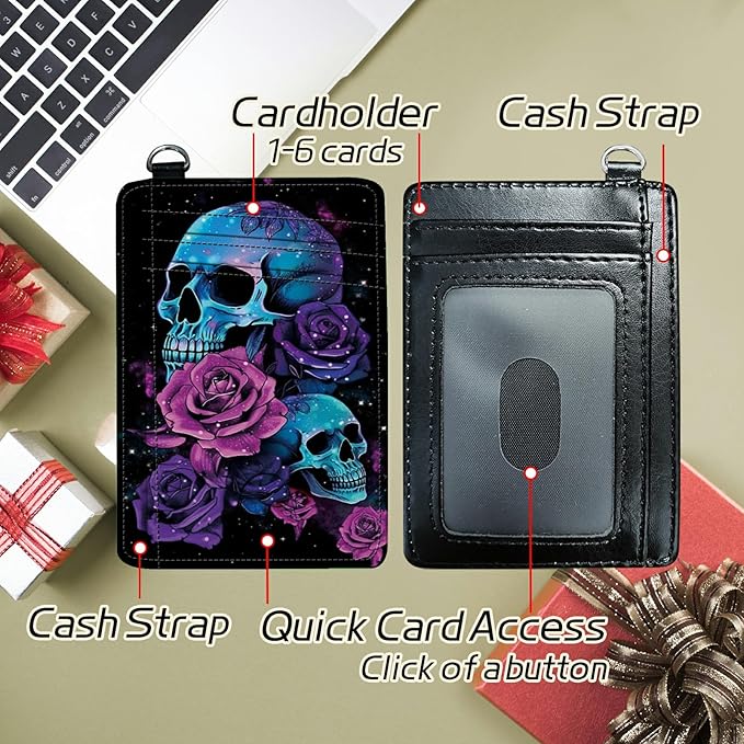 Small Travel Wallets, Neon Sugar Skull Slim Minimalist Front Pocket Wallet with Wristlet, RFID Blocking PU Leather Credit Card Holder with ID Window Change Purse for Men Women