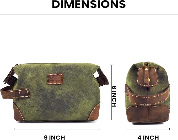 LEATHER VILLAGE Genuine Leather Dopp Kit for Men & Women with Waterproof Lining – Distressed Travel Toiletry Bag, Shaving & Bathroom Essentials Organizer - Distressed Green