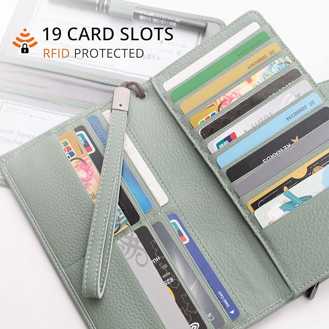 Bveyzi Women's Big Fat Rfid Leather Wristlet Wallet Organizer Large Phone Checkbook Holder with Zipper Pocket (Mint Green)