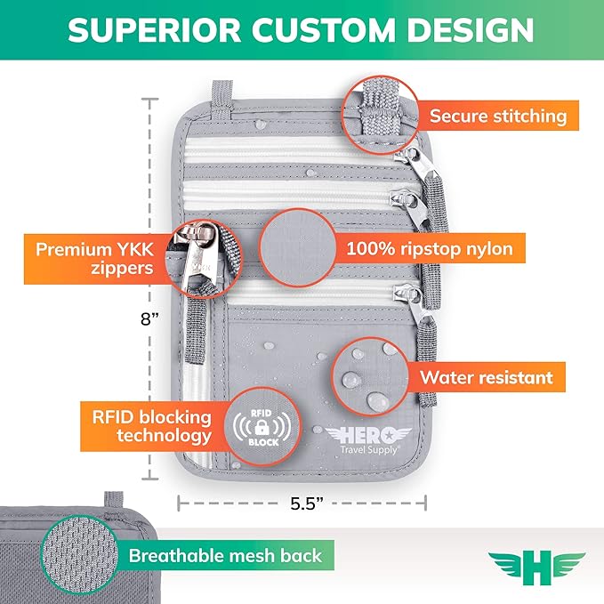 HERO Neck Wallet - RFID Blocking Passport Holder, Easy to Conceal and Pouch (Ash Grey)