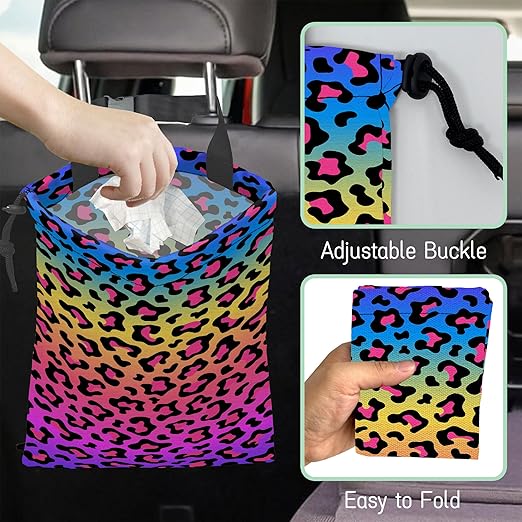 Rainbow Leopard Car Trash Bag,Neon Leopard Hanging Drawstring Car Garbage Bag, Waterproof Canvas Car Back Seat Organizer with Adjustable Buckle, for Vehicles, SUVs, Camping, Road Trips