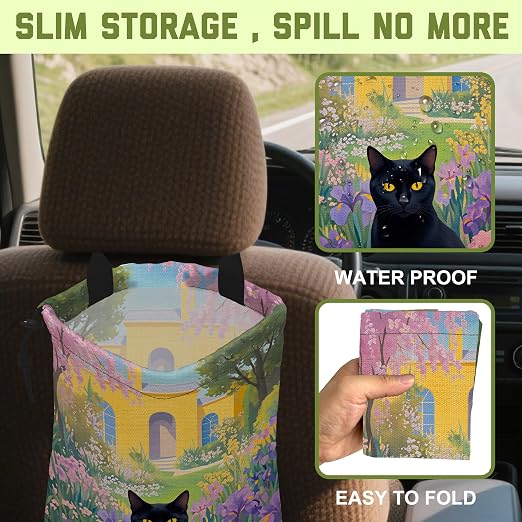 Floral Black Cat Car Trash Bag Vintage Spring Garden Hanging Canvas Car Trash Bag Waterproof Drawstring Car Back Seat Organizer for Car Back Front Seat Console with Adjustable Buckle
