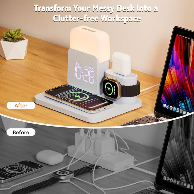 7 in 1 Wireless Charging Station, Magnetic 25W Fast Charger with Alarm Clock & Night Light, Bedside Charging Stand for iPhone 17 16 15 14 13 12 Pro Max, Apple Watch, AirPods, Bedroom