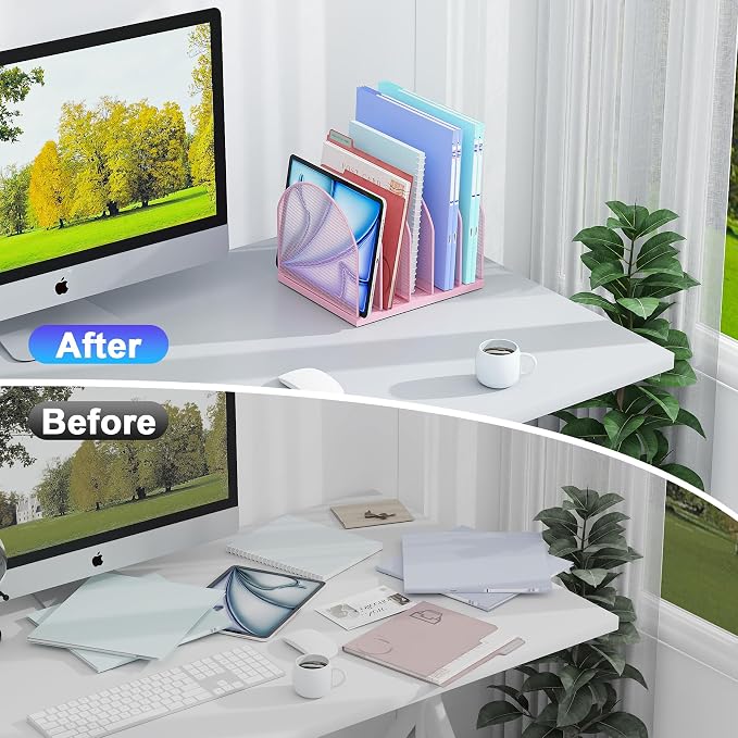 gianotter Desktop File Organizer, Desk Organizer with 5 Compartments, Paper Organizer for Desk, Workspace Organizers for Office Supplies (Pink, Upright Style)