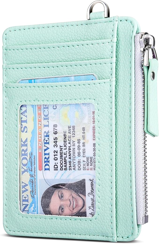 Teskyer Slim Card Holder Wallet with Zip Pocket, RFID Blocking, Total 9 Compartments Large Capacity, 3.5" x 4.7" (Slight Larger Than Usual), Faux Leather - Light Green