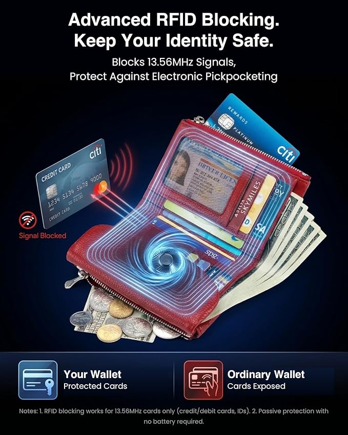 Premium Leather Wallet, Multi-Slot Card Holder with ID Window, Zipper Coin Purse, First Layer Leather (Red & Black)
