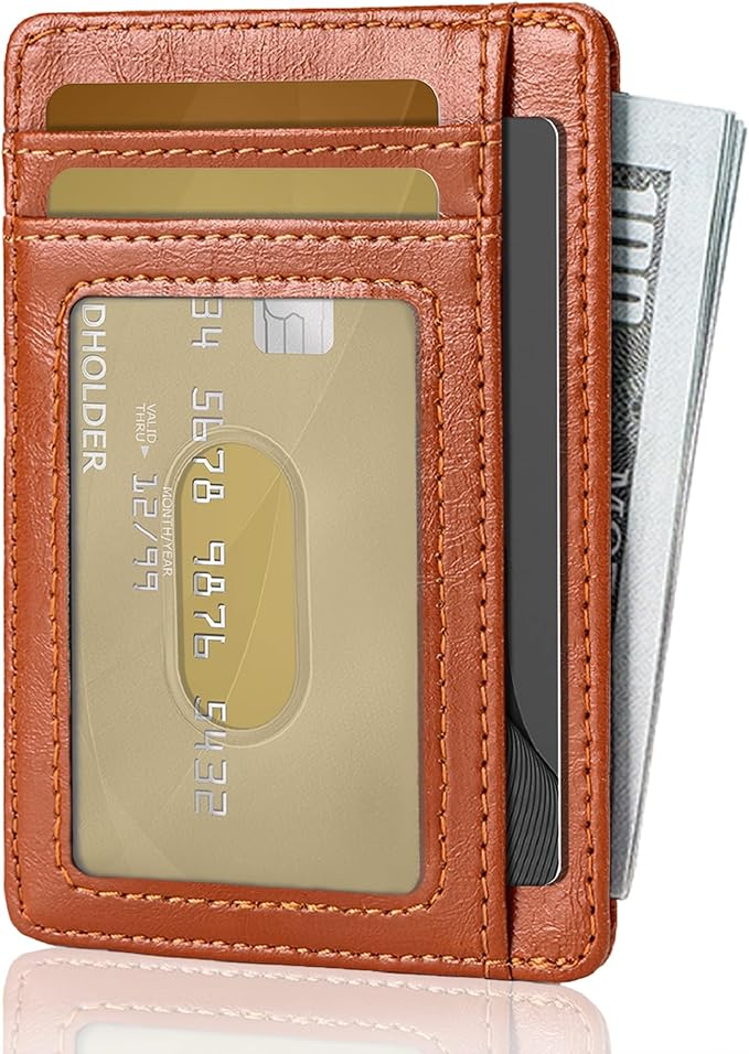 Hoewina Slim Wallet for Men, Credit Card Holder Wallet, Minimalist Design - RFID Blocking Front Pocket Leather Thin Wallet for Men and Women(Brown)