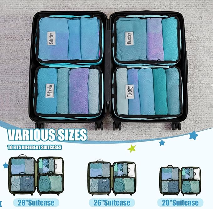 7 Pcs Packing Cubes for Travel Days of Week Compression Packing Cube with Labels Organizers Luggage Storage Bag(Blue,Large)