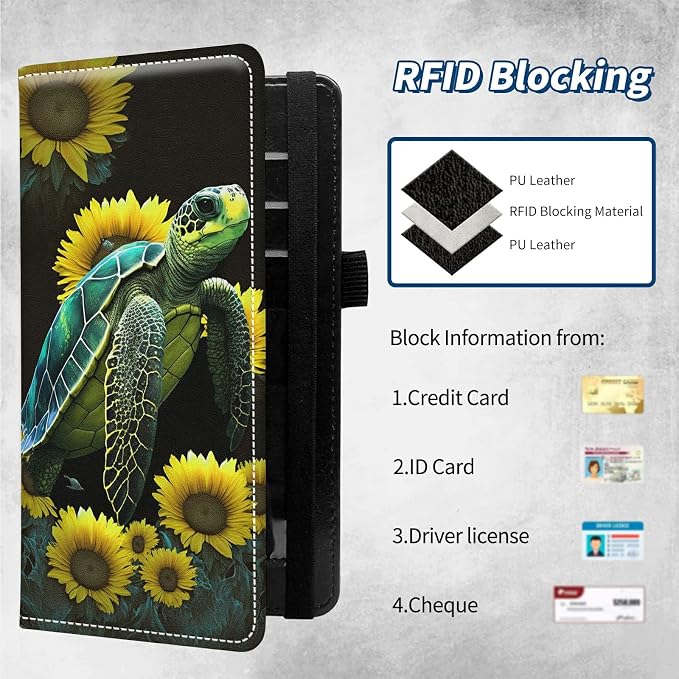 Checkbook Covers for Personal Checkbook Duplicate Checks RFID Blocking Checkbook Cover for Women Men with Elastic Strap Card Slots Pen Holder - Sunflowers Turtle