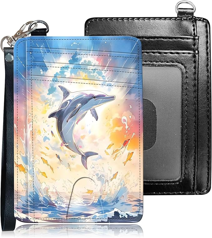 Slim RFID Blocking Card Holder Wallet with Wrist Strap - Minimalist Front Pocket Wallet, Dolphin 02 Design, PU Leathe, for Men & Women, Ideal for Travel & Gifts