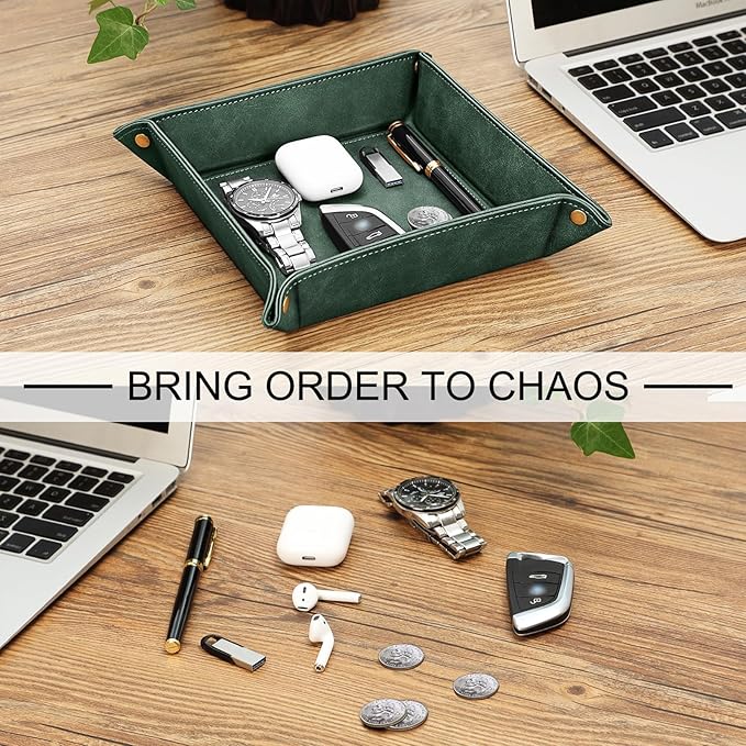 SITHON Valet Tray Desktop Storage Organizer – Premium PU Leather Catchall Bedside Vanity Tray Nightstand Caddy Holder for Keys, Phone, Wallet, Coin, Valentine's Day Gift, Dark Green