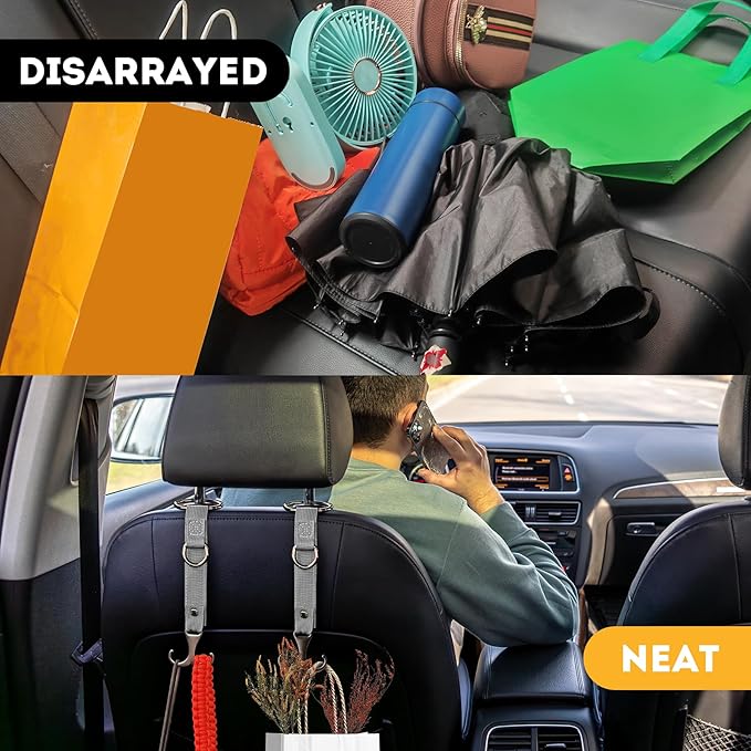 IronSeals 2 Pack Headrest Hooks for Car Seat, Heavy Duty Metal Utility Seat Hooks for Car Seat Organizer, Car Clips for Hanging Bag, Purse
