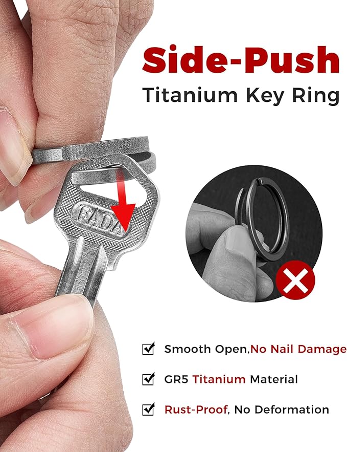 FEGVE Titanium Key Chain Clip with Side-Pushing Key Ring & 2/3inch D Ring for Car Fob Keys