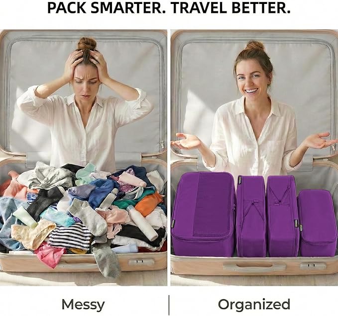 4 Piece Compression Packing Cubes for 3–7 Day Travel, Space Saving Travel Organizers with Breathable Mesh, Double-Zipper Packing Cubes for Carry-On & Suitcases (Purple)