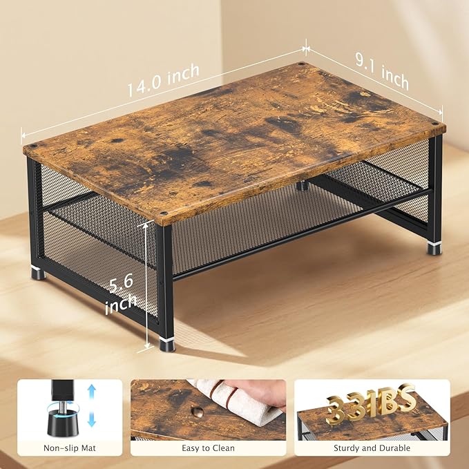 ECOLOVI 2-Tier Computer Monitor Stand Riser, Desk Organizer for Monitor, Printer & Laptop Stand, Desktop Workspace Organizers for Office Supplies(Brown)