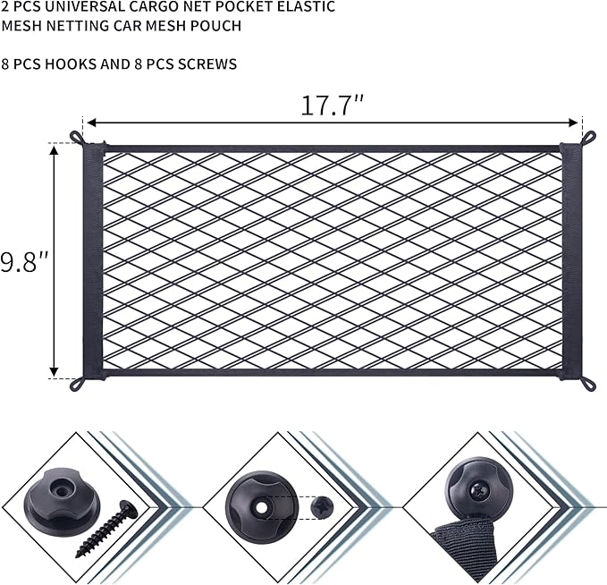 2 Pcs Universal Stretch Mesh Car Mesh Bag with Screws and Hooks for Trunk RV Boats Home Cargo Storage (17.7'' x 9.8'')
