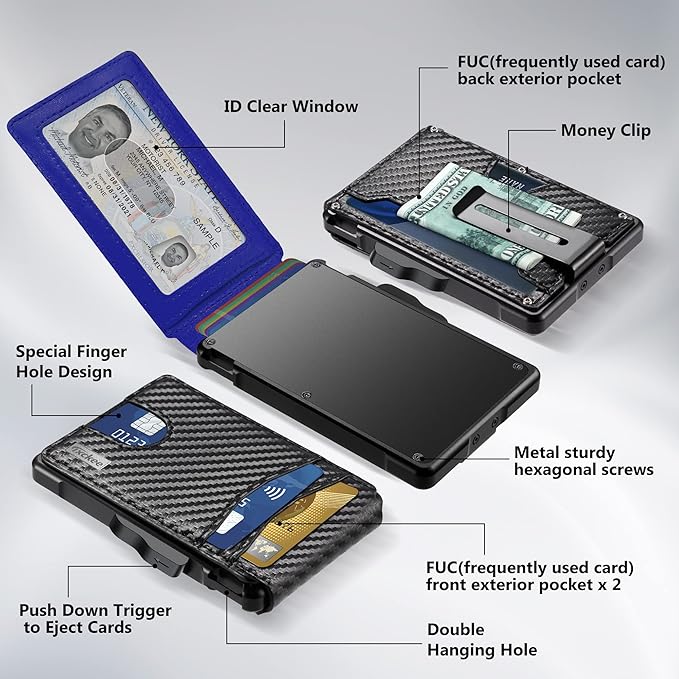 umoven Wallet for Men - with Money Clip Slim Leather Slots Credit Card Holder RFID Blocking Bifold Minimalist Wallet (Carbon Black and Blue)