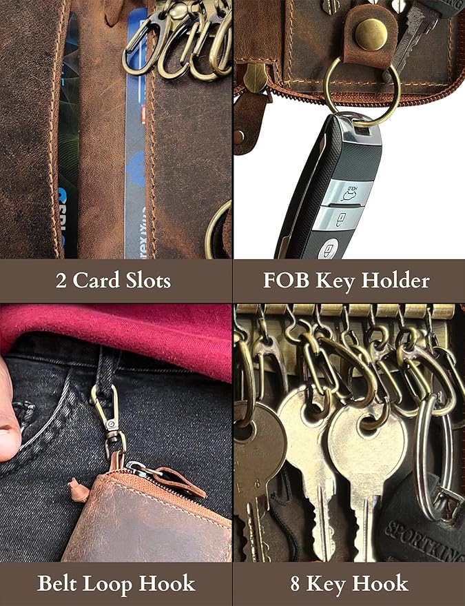 RUSTIC TOWN Leather Key Holder Case - Zippered Key Organizer Wallet with 8 Hooks for Keys, Cash & Card - Gift for Men Women