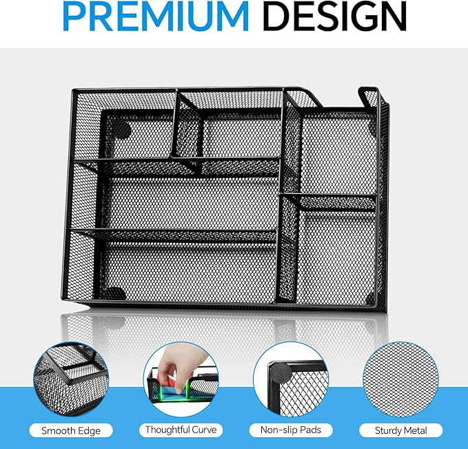 Desk Drawer Organizer, Office Drawer Divider Organizer Tray with 6 Compartments, Metal Mesh Desktop Organization and Accessories for Stationery Makeup Kitchen Toolroom School ＆Office, 12.6x8.27x1.6 in