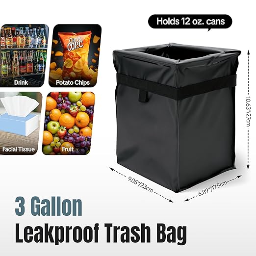 Car Trash Bag, Leakproof Waterproof Auto Garbage Container, Collapsible Portable Hanging Organizer for Car, SUV and Truck Seat Backs, 3 Gallons 9.05x6.89x10.63 Inches Black