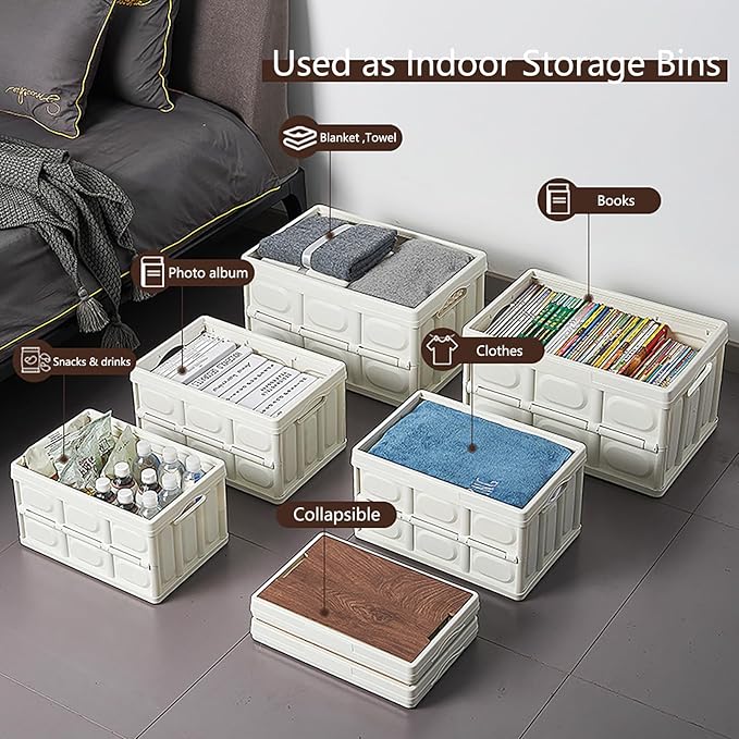 VPTMRP Collapsible Storage Bin with Handles and Wooden Lid, Large Capacity Stackable Utility Crates Holds 33lbs for Outdoor Home Storage Organizing Moving (55L/14.5Gal)