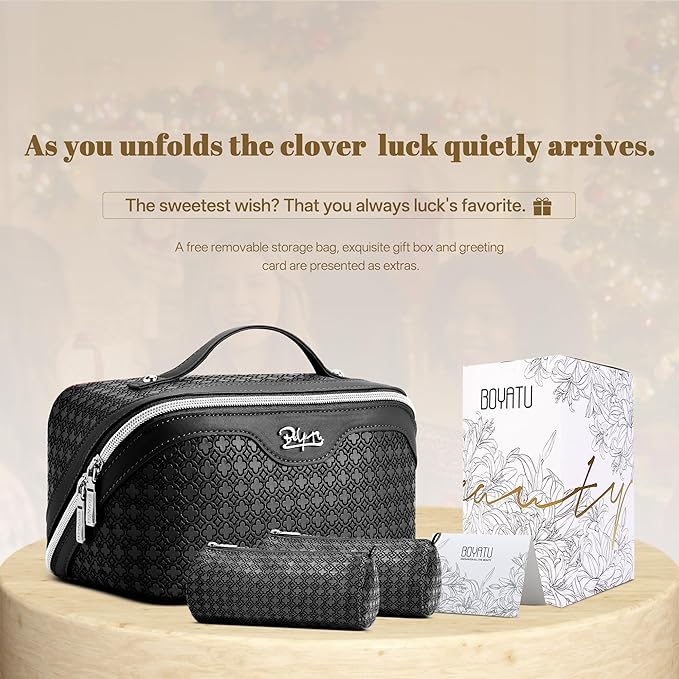 BOYATU Travel Makeup Bag for Women: Four Leaf Clover Large Capacity 3 Pcs Set Cosmetic Bags - Waterproof 50% Extra Space for Toiletry Organizer - Travel Essentials for Fortunate (06 Black)