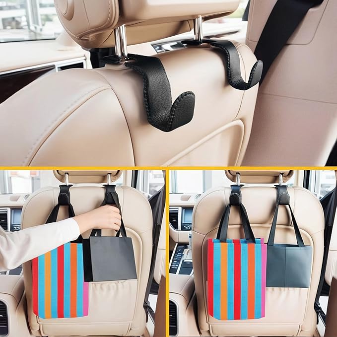 EldHus Headrest Hooks for Purses and Bags, 2 Pack Car Seat Hooks for Grocery Bag Handbag, Metal Car Purse Holder Covered by Leather, Black