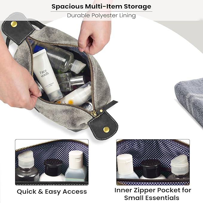 LEATHER VILLAGE Genuine Leather Dopp Kit for Men & Women – Travel Vintage Toiletry Bag with Waterproof Lining, Shaving & Bathroom Essentials Organizer - Distressed Grey