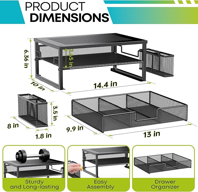 MINDEPOT 2 Tier Computer Monitor Stands with Drawer and 2 Pencil Holder, Metal Monitor Stand, Office Desk Accessories Workspace Desktop Organizers for Office Supplies, Black