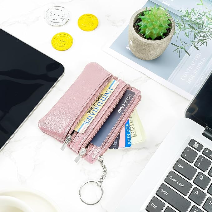 Chelmon 2 Pack Coin Purse Pouch Change Card Holder Small Wallet with Keychain for Women and Men (Pink & Pink)